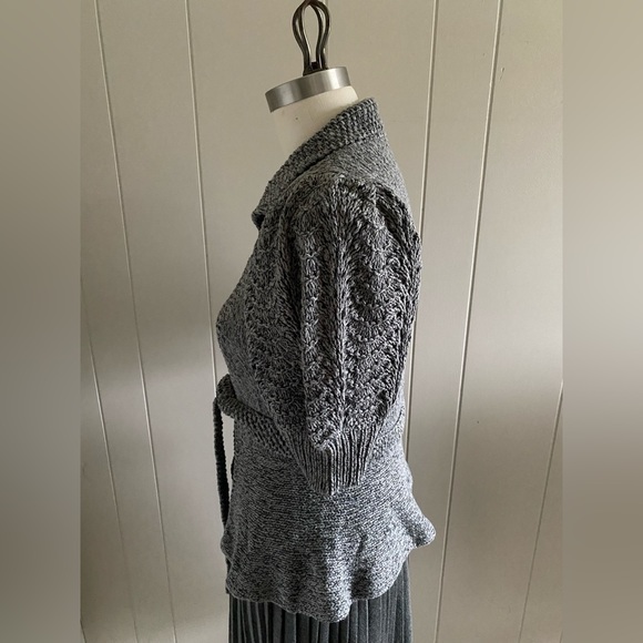 Puff sleeve belted mixed stitch cardigan in tonal gray marl. - Picture 4 of 6
